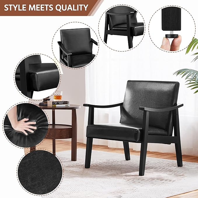 Yaheetech PU Leather Accent Chair, Mid-Century Modern Armchair with Solid Wood Legs, Reading Leisure Chair with High Back for Living Room Bedroom Waiting Room, Black