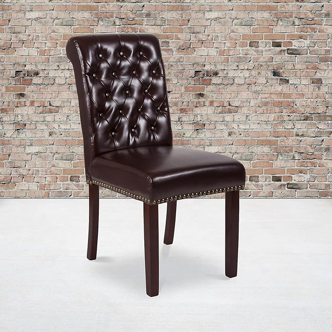 Flash Furniture Set of 2 HERCULES Series Brown LeatherSoft Parsons Chair with Rolled Back, Accent Nail Trim and Walnut Finish