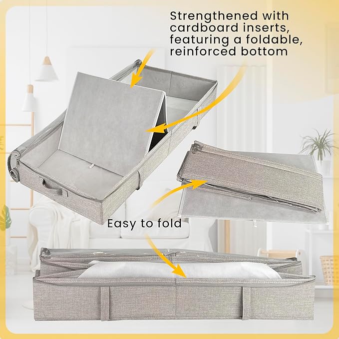 Gray Low Profile Under Bed Storage Containers 5 inches high, 33.8"x 17.7"x 5.1", Sturdy Underbed Shoe Storage Organizer, White Foldable Fabric Under the Bed Storage Bins - Pack of 2