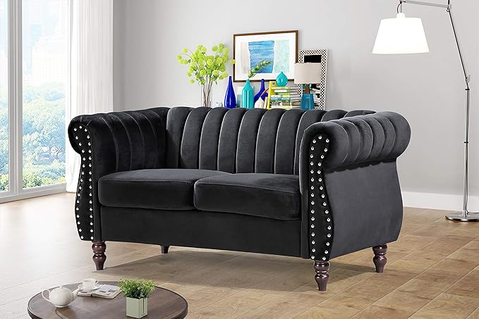 Container Furniture Direct Quinones Modern Chesterfield Couch with Elegant Rolled Arms, Nailhead Trim & Channel Tufting, 59.1" Wide Loveseat, Black