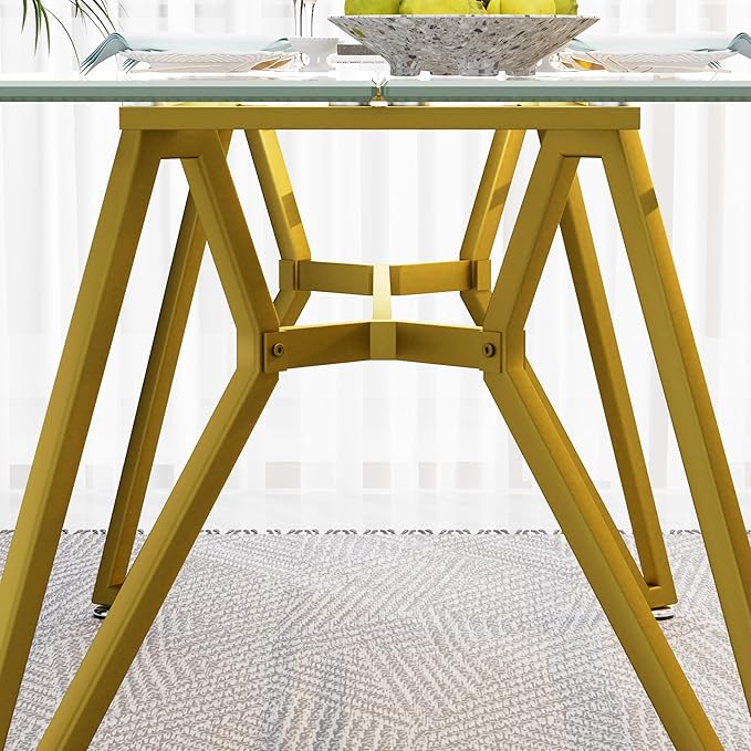 KEIKI 70.9 in Rectangular Glass Dining Table, Suitable for 1-8 People, Modern Style Home Kitchen Dining Table, Equipped with Sturdy Metal Table Legs for Dining Room, Living Rooms, Offices, Gold