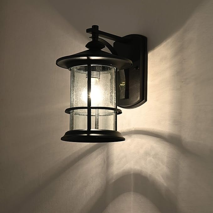 MICSIU 100W Max Modern Industrial Outdoor Sconce Lantern, 10 Inch Textured Black Metal Exterior Wall Light with Clear Seedy Glass, Anti-Rust Outside Lighting for Entryway, Garage, or Bathroom