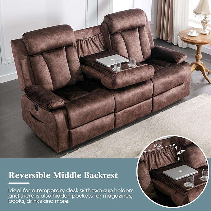 GUEAPY Power Reclining Sofa – 3 Seater Reclining Couch with Massage & Heat, Drop-Down Table, USB & Type-C Charging Ports, Cup Holders, Dutch Velvet,Power Sofa for RV，Media Room & Living Room