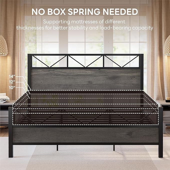 LIKIMIO California King Bed Frame, Tall Industrial Headboard 51.1 ", Platform Bed Frame with Strong Metal Support, Solid and Stable, Noise Free, No Box Spring Needed, Easy Assembly, Charcoal Grey