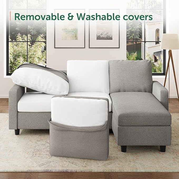 HONBAY Convertible Sectional Sofa, L Shaped Couch with Linen Fabric, Reversible Couch for Small Space, Mid Light Grey