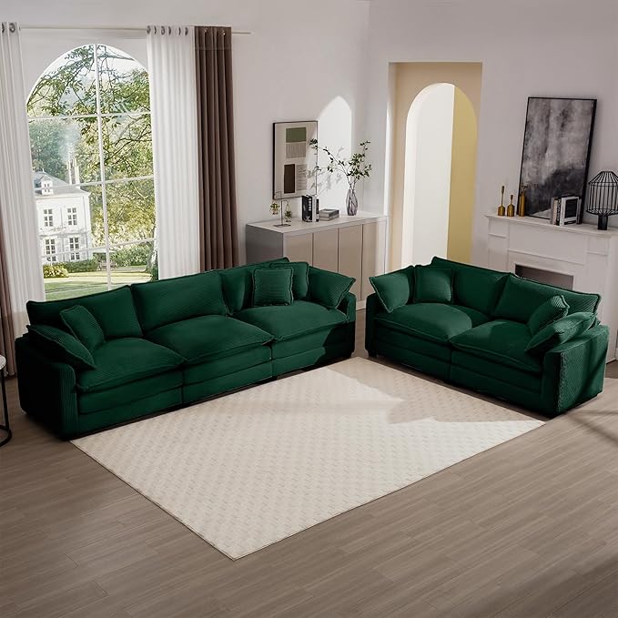 KEIKI 2-Piece Sofa Set with 1 Oversized Corduroy 3-Seater Sofa & 1 Loveseat Sofa, Upholstered 5-Seater Couch Set with 9 Pillow, High-Density Foam Cushions, Removable Armrests, for Living Room, Green