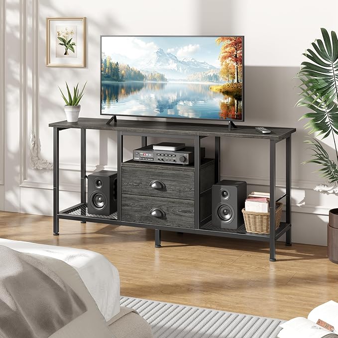 Furologee TV Stand with 2 Fabric Drawers, 43 Inch Entertainment Center with Open Storage Shelves, Media Console Table for Bedroom, Living Room, Light Black Oak