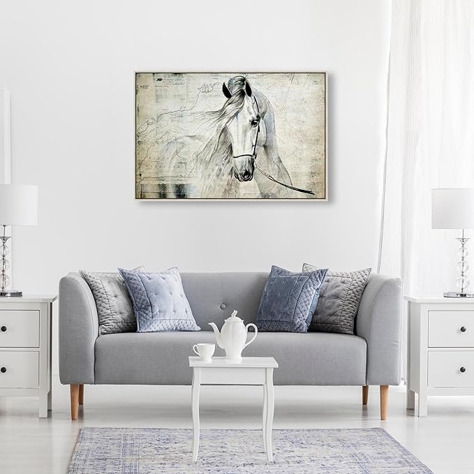 Country Farmhouse Canvas Print Painting Animal Wall Art 'Southern White Horse' Champagne Framed Canvas Rustic Home Décor 30x20 in Gray, Brown by Oliver Gal