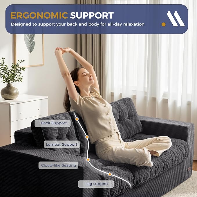 MAXYOYO Oversized Loveseat Sofa Couch, Upholstered Bean Bag Chair Cloud 3-Seat for Adults, Boneless Couch with Tufted Cushion & Pillows, Sofa in A Box, No Assembly Required, Black