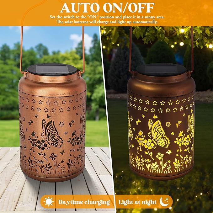 2 Packs Butterfly Solar Lanterns Outdoor Waterproof, Birthday Gifts for Women Mom Grandma, Metal Hanging Solar Lights Outside Decorations for Garden Patio Porch Backyard Garden Decor