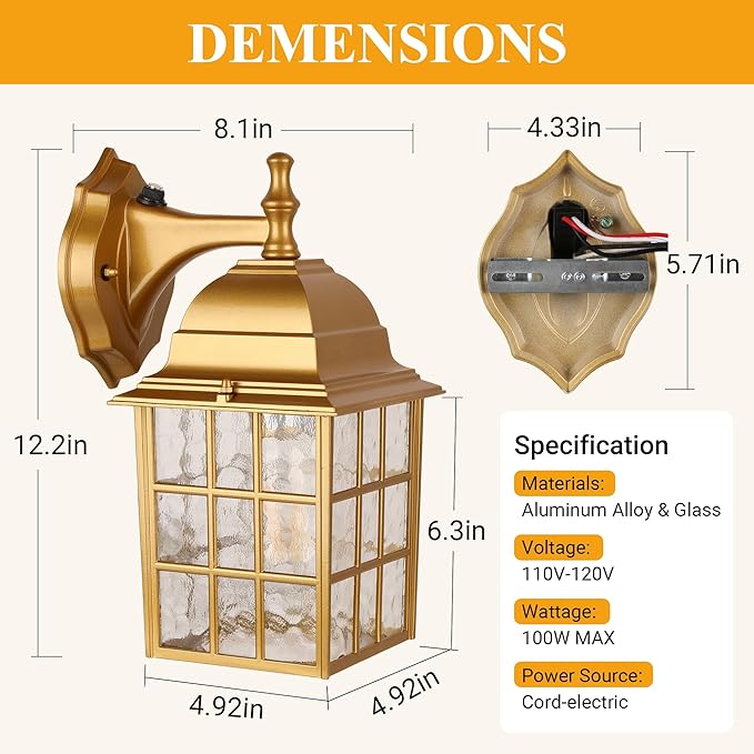 2-Pack Outdoor Porch Light Fixtures With Photocell Sensor, Dusk to Dawn Exterior Wall Mount, Outside Lights for House, Gold Lighting, Wall Lantern Sconce for Garage, Door
