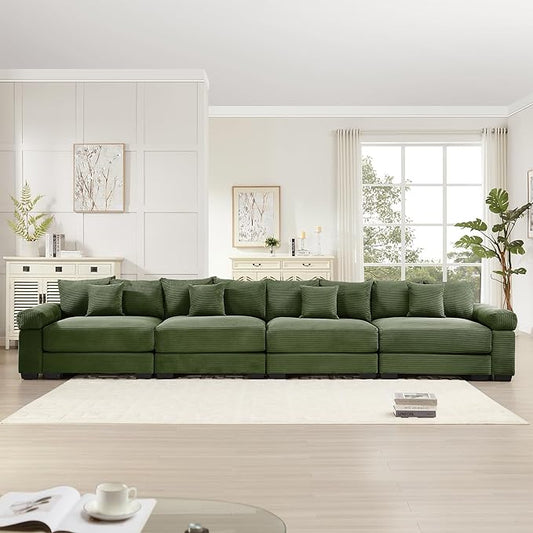 KEIKI 168" Oversized Corduroy Modular Cloud Sectional Sofa with High-Density Foam Cushions, Extra-Thick Armrest, Upholstered Modern 4-Seater Fluffy Corner Couch with 12 Pillow, for Living Room, Green
