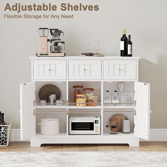 ChooChoo Buffet Cabinet, Coffee Bar with Drawers and Doors, Sideboard Storage with Shelves for Kitchen, Dining Room, Living Room, White