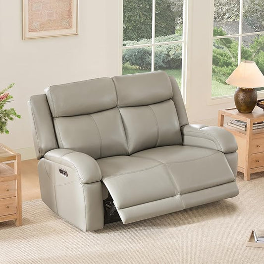 Watson & Whitely Genuine Leather Power Loveseat Recliner Sofa, 2 Seat Wall Hugger Reclining Sofa with Power Headrest & Charging Ports, Dual Recliner Sofas for Living Room, RV, Grey