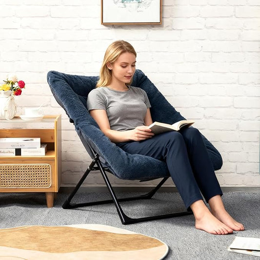 HollyHOME X-Large Saucer Chair, Comfy Oversized Folding Chair, Faux-Fur Reading Chair for Teens, Adults, Foldable Accent Lazy Chair, Metal Frame Lounge Chair for Living Room, Bedroom, Dorm, Navy Blue