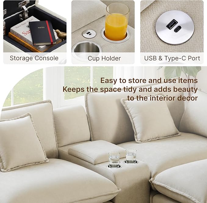 KISLOT 74.4" Oversized Modular Sectional Sofa with Storage Console,Loveseat Cloud Couch with Deep Seat & Thick Cushions, Multi Functional Console with USB and 2 Cup Holder,Sofa Set for Living Room | Wood Frame