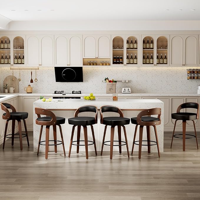 Swivel Bar Stools Set of 6, 30.15" Counter Height Bar Stools for Kitchen Island, Black Barstool Upholstered Faux Leather & Solid Wood Legs, Mid Century Modern Bar Chairs