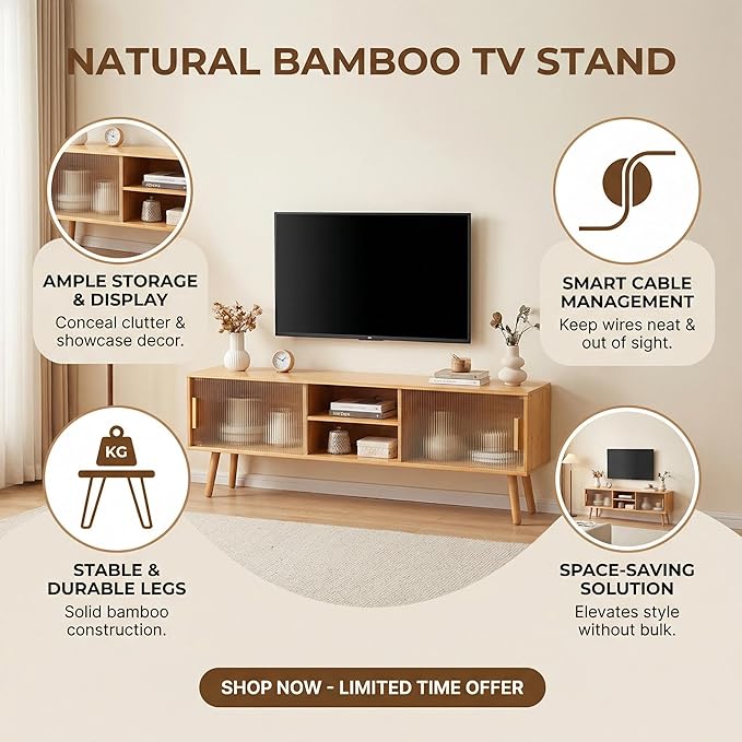 Bamboo TV Stand Entertainment Center- Mid-Century Modern Television Stand for 55-65 inch TVs, Bamboo Media Console Table, Open Storage Shelves for Living Room, Bedroom and Home Decor