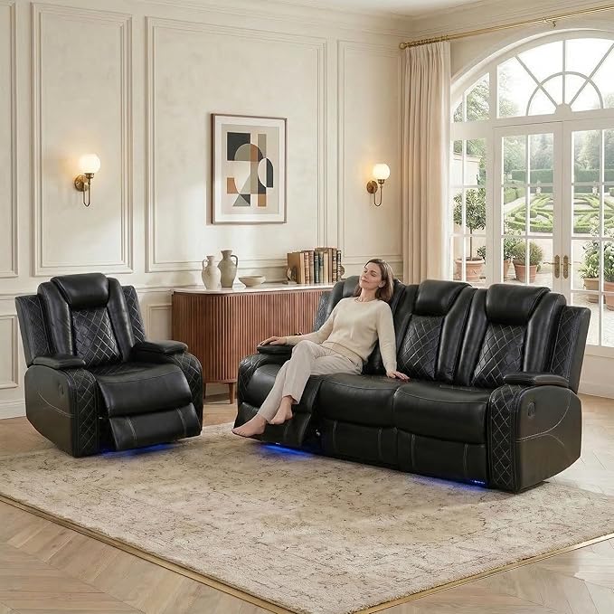 Power Recliner Sofa Set, Air Leather Reclining Couch with LED/Cup Holders/Storage, 2 Pieces Reclining Living Room Furniture, Black Leather Sofa and Chair for House/Apartment/Office