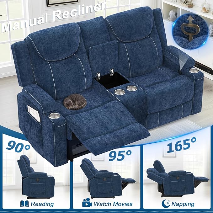 Dresegmt Loveseat Recliner Sofa, Manual Reclining Loveseat Sofa with Storage Console, Cup Holders, USB Ports, Modern Luxury Large Navy Blue Linen Recliner Couch for Living Room/RV