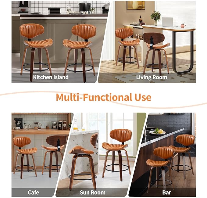 Swivel Bar Stools Set of 2, 24 inch PU Leather Wooden Bentwood Barstools Counter Height Modern Breakfast Bar Chairs with Backrest and Footrest for Kitchen Island, Dining Room D035-Brown-2