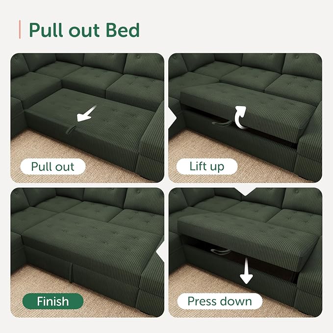 HONBAY Sectional Sleeper Sofa Bed with Storage Chaise, Sleeper Sectional Pull-Out Sofa, Sectional Sleeper Couch for Living Room, Velvet Green