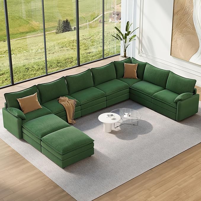 Vesgantti Large Modular Sectional Sofa, Big Comfy Cloud Couch with Ottoman Deep Seat Chenille Cloud Sofa, 9 Seater Large Sectional Couches for Living Room, Bedroom and Apartment, Green | Sink-in Comfort, Height Adjustable, Easy Rearrangement, Extra-dee...