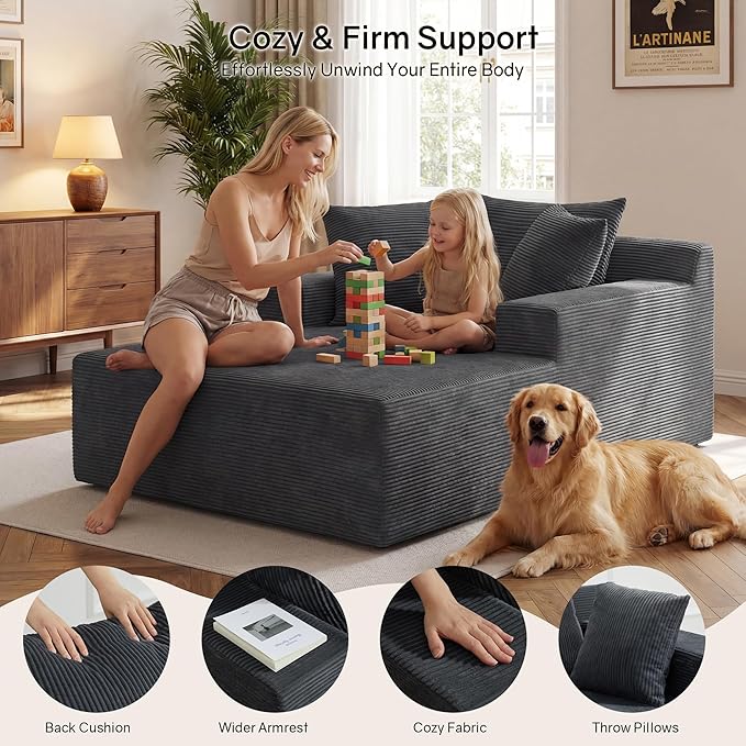 66" Chaise Lounge Chair Indoor, Oversized Boneless Lounge Chair with 3 Pillows, Corduroy Cloud Reading Chair for Living Room Bedroom, Deep Seat Sleeper Couch, No Assembly Required
