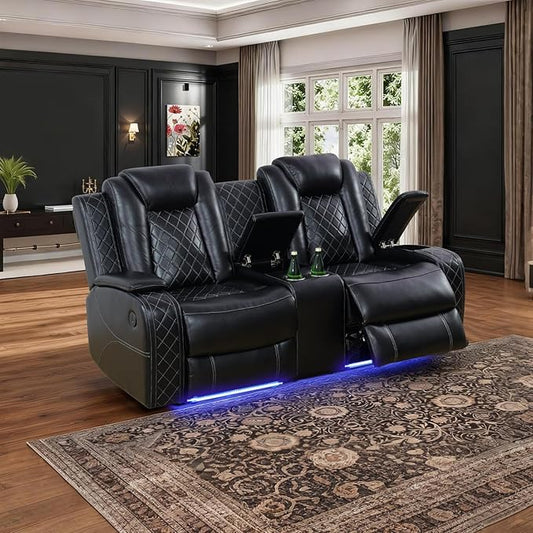 Power Leather Reclining Loveseat Sofa with LED Light,Double Recliner Sofa Love Seat with Storage Console/USB Port/Cup Holder,Leather Couch for Living Room Furniture Sets(2 Seats,Black)