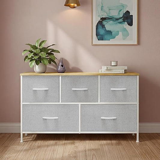 OLIXIS Dresser for Bedroom with 5 Drawers, Wide Chest of Drawers, Fabric Bedroom Dresser with Drawer Organizer, Storage Organizer Unit with Fabric Bins for Closet, Living Room, Hallway, Light Grey