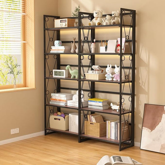 VECELO Bookshelf, 5 Shelf Folding Bookcase No Assembly, Industrial Metal Freestanding Shelves Rack Organizer for Living Room, Office, Bedroom, Kitchen, Set of 2, Dark Brown