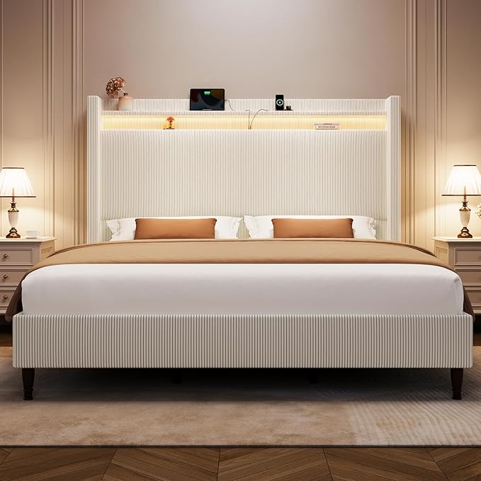 King Size Bed Frame with Tall Headboard, 55.3" Upholstered Platform King Bed Frame, Elegant Corduroy Wingback Bed with LED Lights & Charging Station, No Box Spring Needed, Solid Wood Slats, Cream