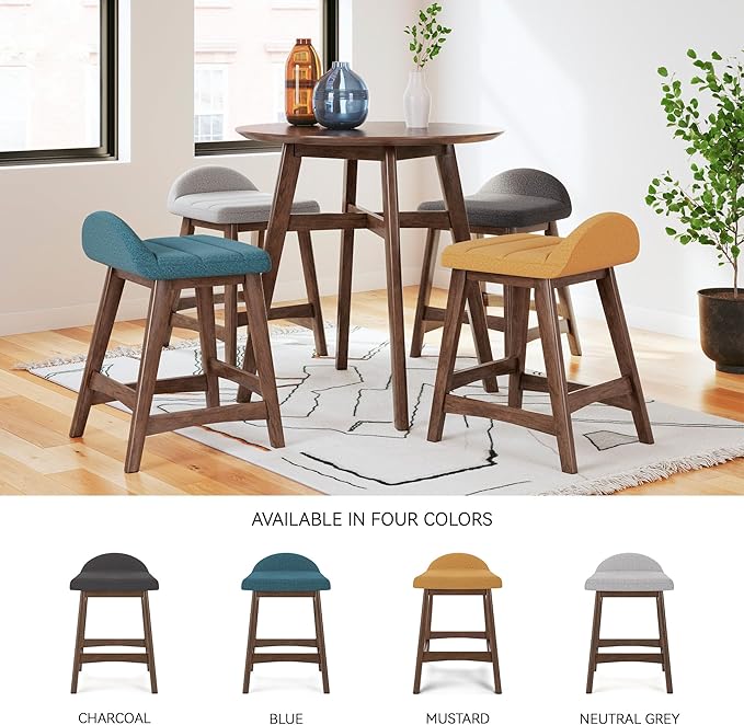 Signature Design by Ashley Lyncott Contemporary 24.25" Seat Height Counter Height Upholstered Bar Stool with Foam Cushion, 2 Count, Mustard Fabric, Solid Hardwood Frame with Brown Finish