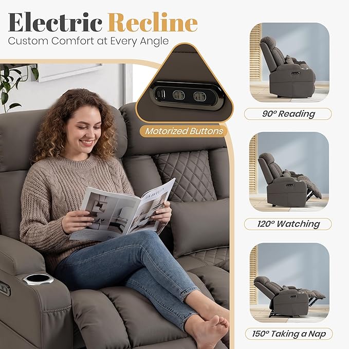 2-Piece Power Reclining Sofa Set, 3-Seater Sofa with Drop-Down Console & 2-Seater Loveseat, Zero Wall Hugger Electric Recliner Couch with Adjustable Headrest, AC Outlets (Brown, Loveseat)