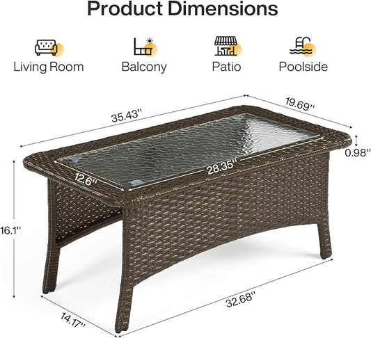 Tribesigns Outdoor Wicker Coffee Table with Hammered Glass Top, Hand PE Rattan Wicker Patio Furniture Set, All-Weather Rectangular Patio Table for Deck, Backyard, Porch, Poolside