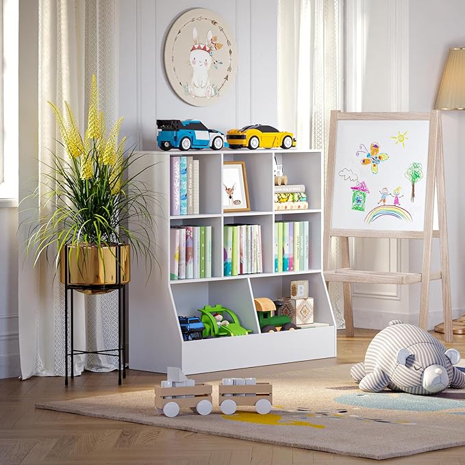 DINZI LVJ Toy Storage Organizer, Kids Bookshelf, Wood Toy Storage Cabinet, 3-Tier 8 Cubby Children Bookcase, 39.4" L Toddler Book Shelf for Playroom, Living Room, Nursery, Hallway, School, White