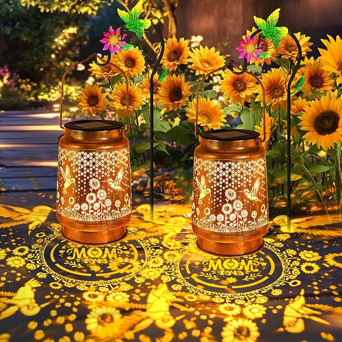 2 Pack Hummingbird Solar Lanterns Outdoor Garden Decor, Gifts for Women Mom Grandma Birthday, Hanging Metal Solar Lights Waterproof LED Decoration with Shepherd Hook Outside for Yard Patio Lawn Porch
