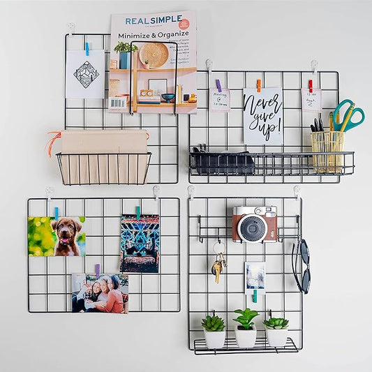 4 Pack Wire Wall Grid Panel With Accessories | Includes Hanging Baskets, Letter Sorter, Shelf & Hook Rack | Grid Wall Panels | Photo Grid | Hanging Home, Office & Kitchen Décor