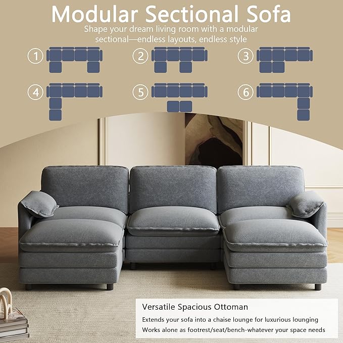 114" U Shaped Cloud Couch Sectionals Comfy Grey Sectional Couches for Living Room Modern Fluffy Oversized Modular Sofas with Ottoman, Chenille Large Big 5 Seat Sofa Set