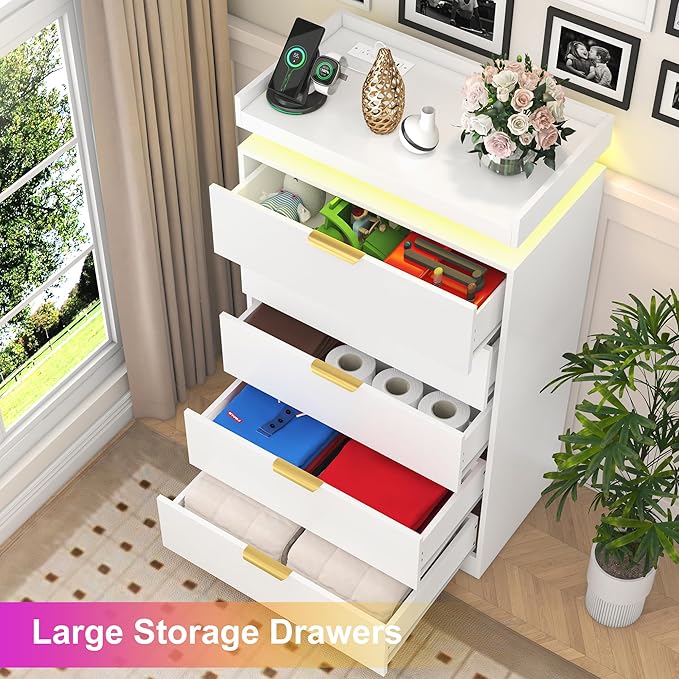 Tall Dresser for Bedroom, White Dresser with LED Lights, Wood 5 Drawer Chest with Power Outlet, Modern Chest of Drawers for Bedroom, Living Room, Entryway, Hallway