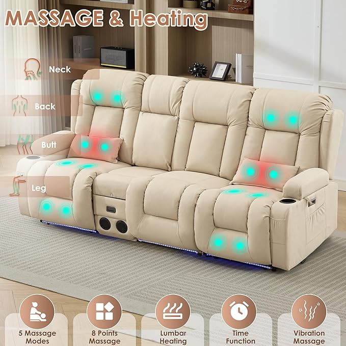 TUNYI Wall Hugger Loveseat Recliner Sofa with Console, Power Reclining Loveseat RV Couch with Massage & Heat/USB/Outlet/Storage/LED Light/Speaker (Beige, 3 Seat with Console)