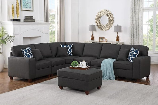 Ball & Cast 116" L-Shaped Sectional Couch with Movable Ottoman and 6 Throw Pillows,7 Seat Chenille Upholstered Sectional Sofa W/Wide Armrest,DIY Combination,Comfy Sectionals Set for Living Room,Gray