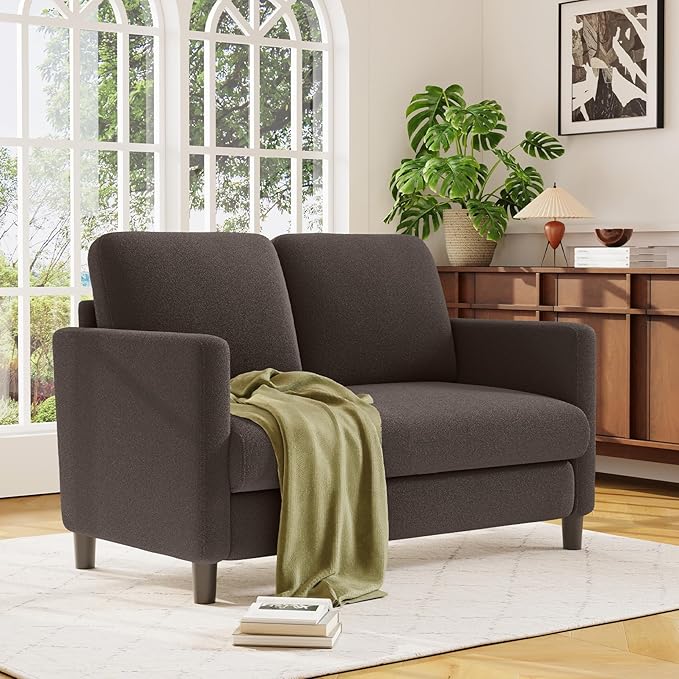 Welzona Loveseat, 51" Small Couch, Comfy Teddy Love Seat for Living Room, Tool-Free Setup Loveseat Sofa for Small Spaces, All-Wood Small Sofa Couch for Bedroom, No Pillow Included, Brown