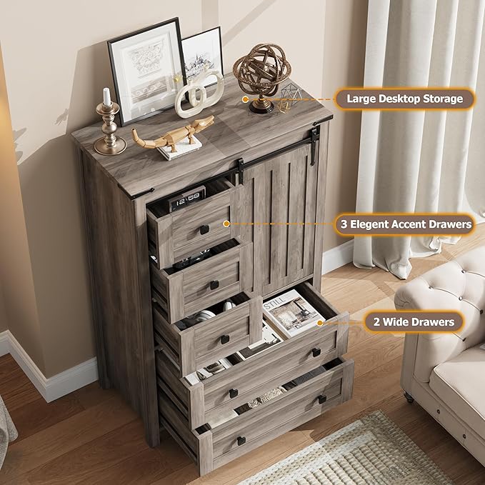 GarveeHome Farmhouse 5 Drawer Dresser for Bedroom, 48 in Tall Wood Dresser Chest of Drawer with Sliding Barn Door, Adjustable Shelf, Storage Organizer for Bedroom, Hallway, Living Room, Kitchen, Grey