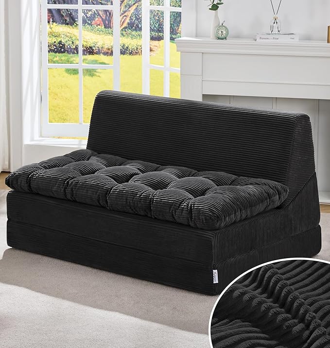 Hobestluk Sofa Couch Folding Sofa Bed Sleeper Comfy Floor Lounger Loveseat Sofa with Removable Cushion Couches Foldable Mattress for Living Room Bedroom or Office (Cordury Black, Oversize)