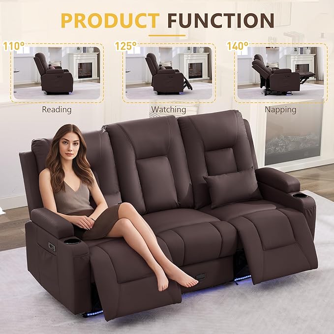 URRED Power Loveseat Recliner Sofa with Console, Wall Hugger Reclining Loveseat RV Couch with LED Light, 150° Zero Gravity Recliners Modular Couches for Living Room (Dark Brown, 77.3'' - 3 Seats)