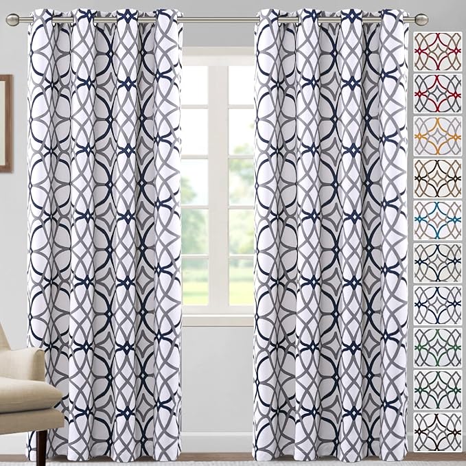 H.VERSAILTEX Blackout Curtains Printed Design for Bedroom 84 Inch Length 2 Panels Set Thermal Insulated Curtains Living Room Geometric Modern Grommet Window Drapes - Dark Denim and Grey