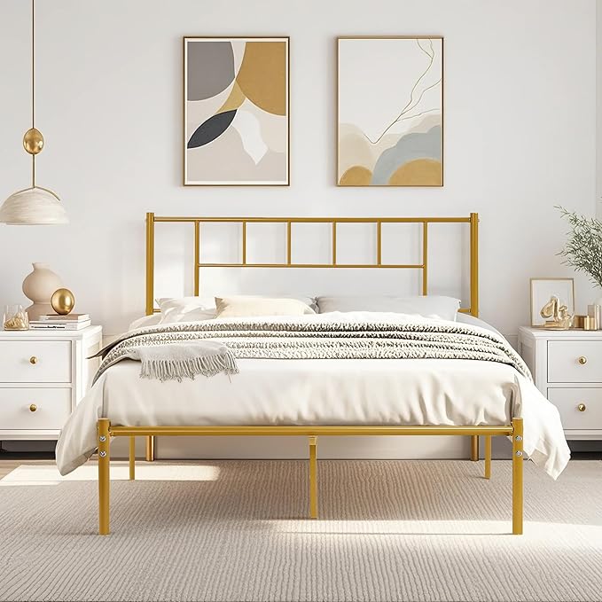 VECELO Queen Metal Platform Bed Frame with Headboard, Heavy Duty Steel Slat Support, Under Bed Storage,No Box Spring Needed, Easy Assembly