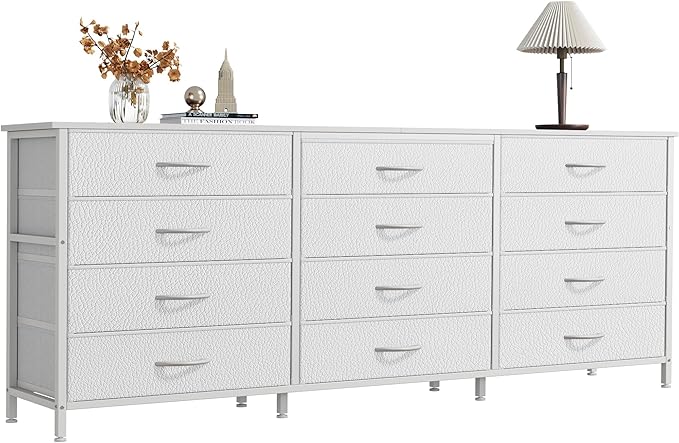 PRAISUN 63 Inch Long Dresser TV Stand for 65, 70 Inch TV, 12 Drawer Dresser for Closet, Bedroom, Large Fabric Drawers, Entryway Hallway Chest of Drawers, Wooden Top, Media Console, PU Leather, White
