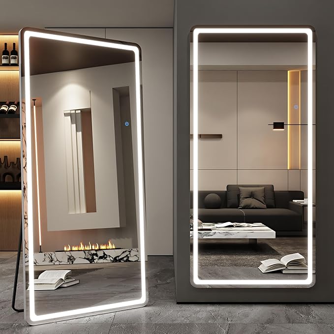 Antok LED Full Length Mirror with Light, 72"x44" Lighted Full Body Mirror with Stand, Dimmable & 3 Color Lighting Standing/Leaning/Wall Mounted Vanity Mirror for Bedroom Cloakroom Livingroom(Rect)